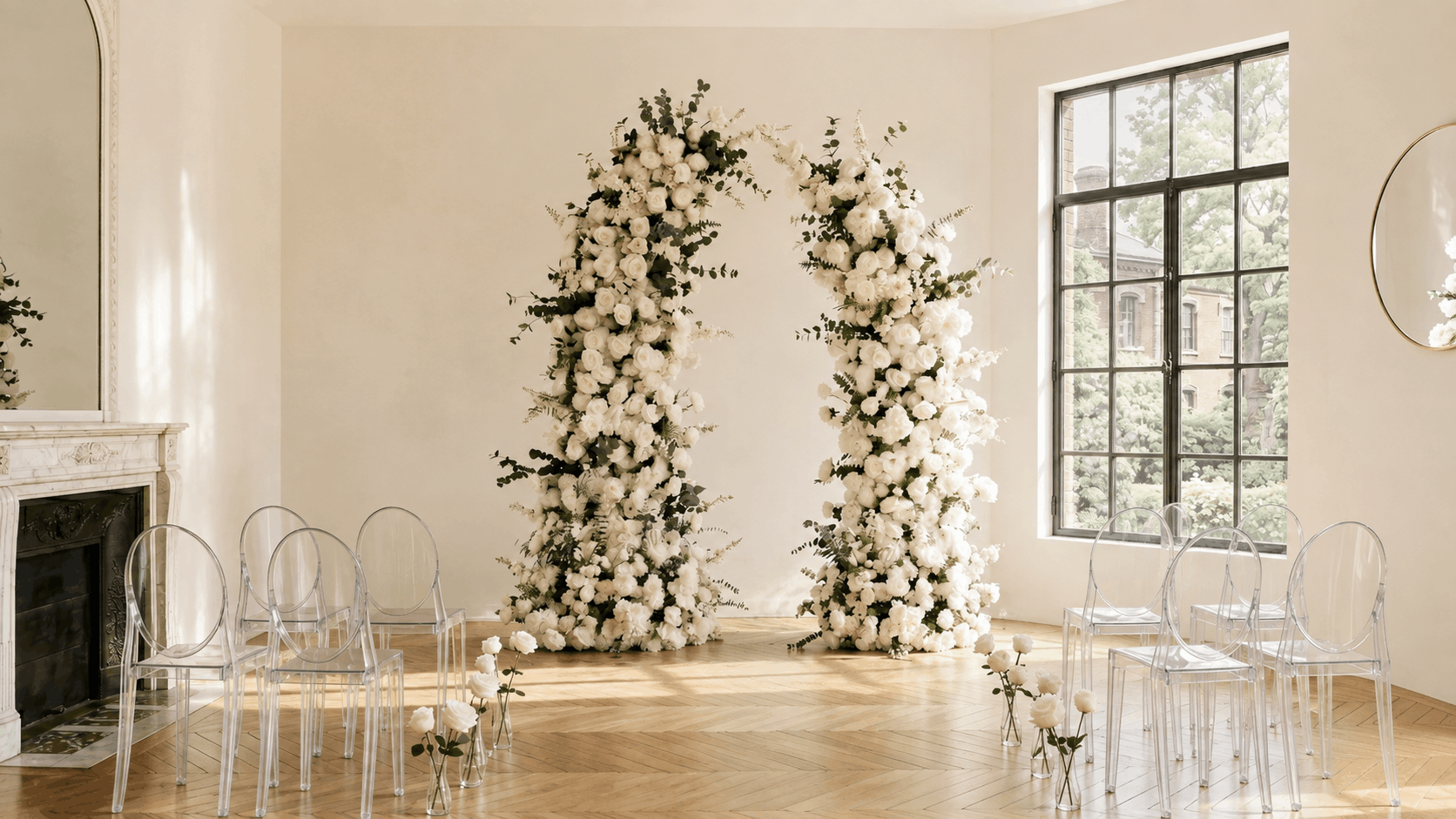 Two-piece white silk flower broken arch backdrop set with greenery for wedding ceremony