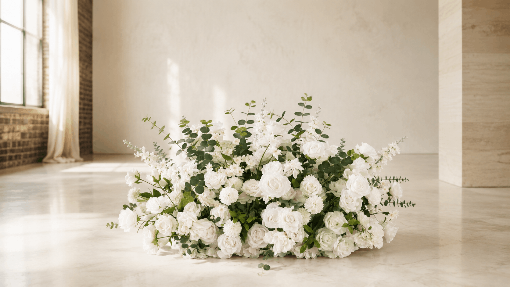 White silk floral meadow with roses and eucalyptus for wedding aisle and event decor for sale