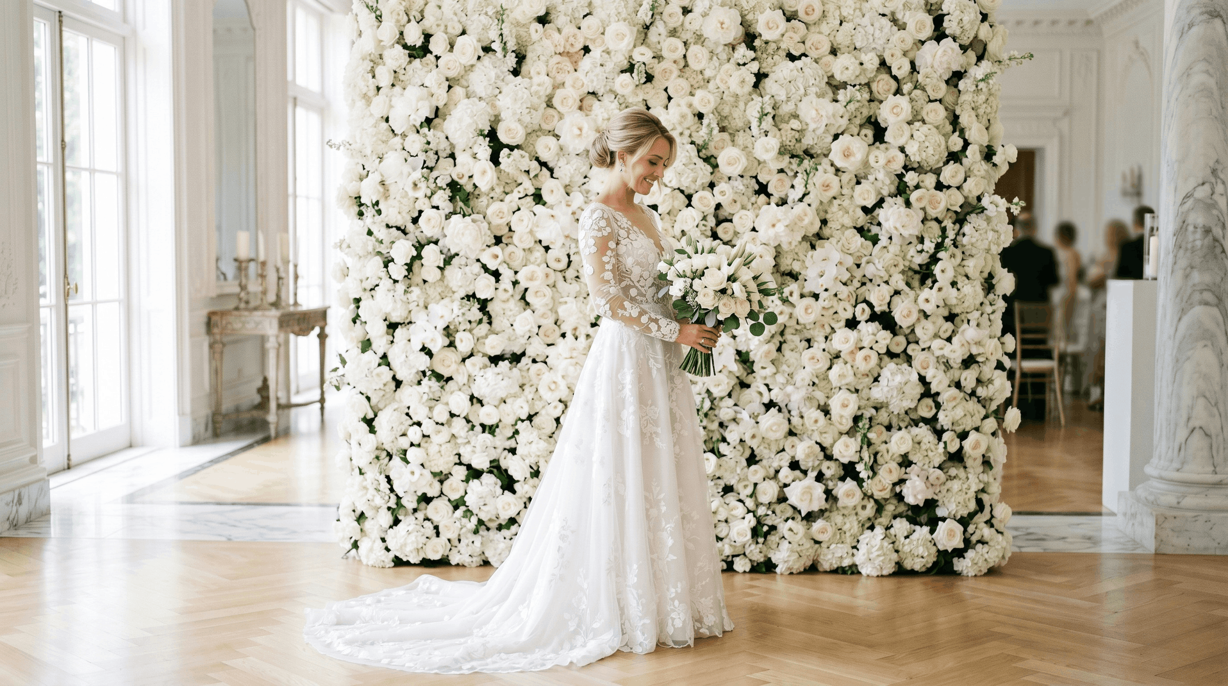 Large white 3D silk flower wall backdrop with roses and hydrangeas for wedding ceremony photo booth