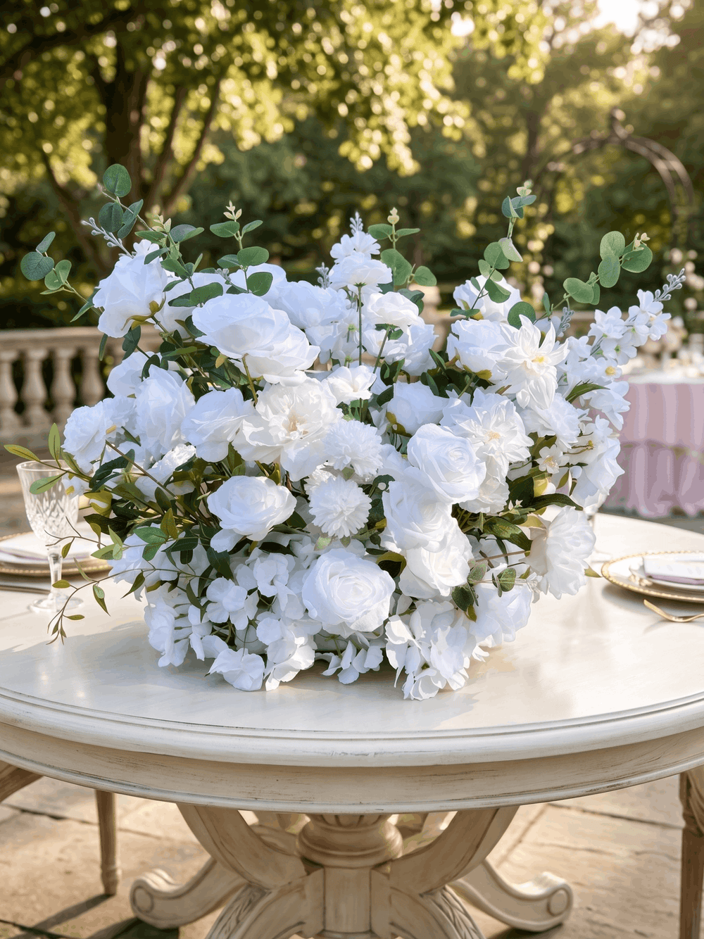 24 inch white floral meadow runner featuring white roses, dahlias, and eucalyptus greenery