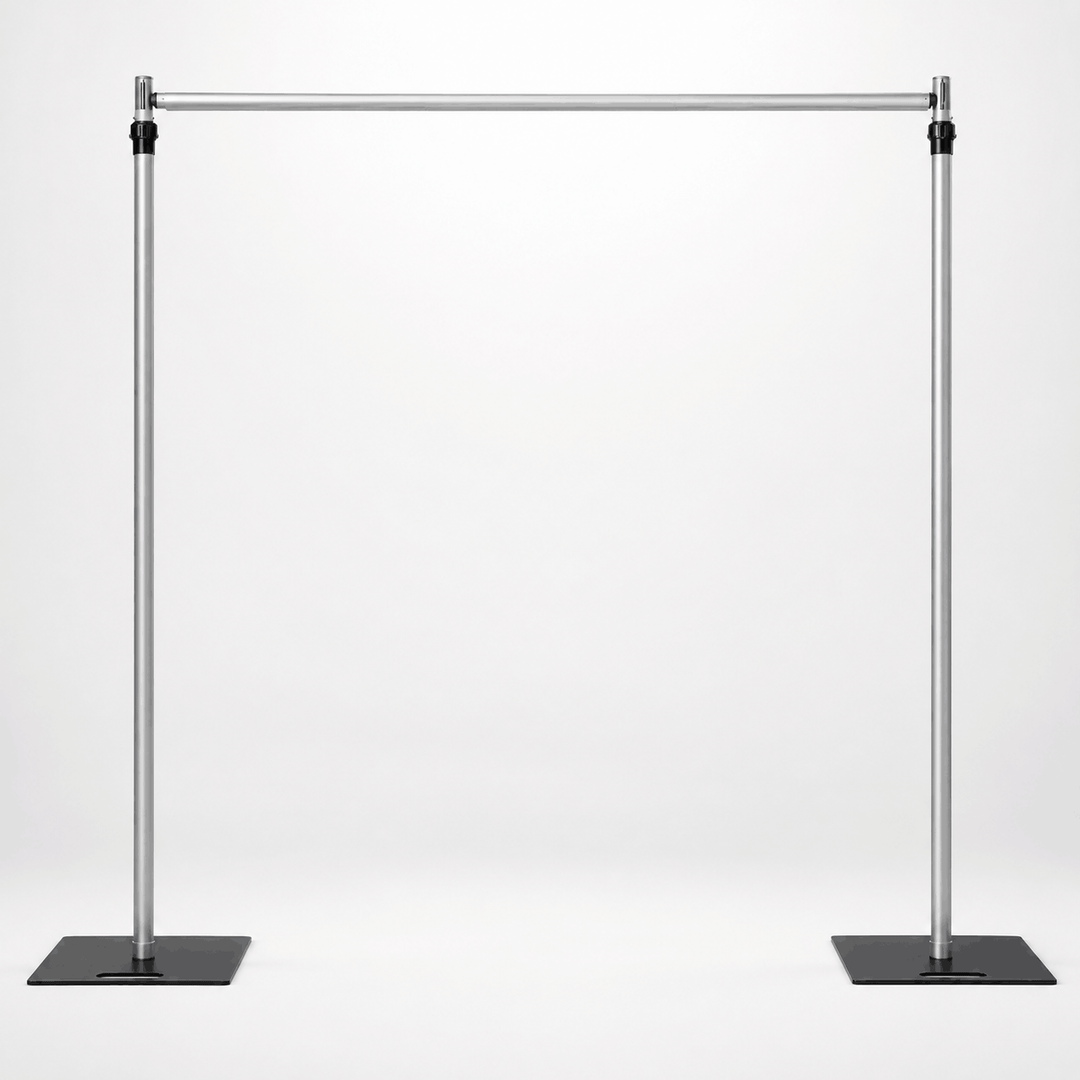 Adjustable pipe and drape backdrop stand kit with metal base plates, ideal for 8ft x 8ft event backdrops and wedding ceremony setups