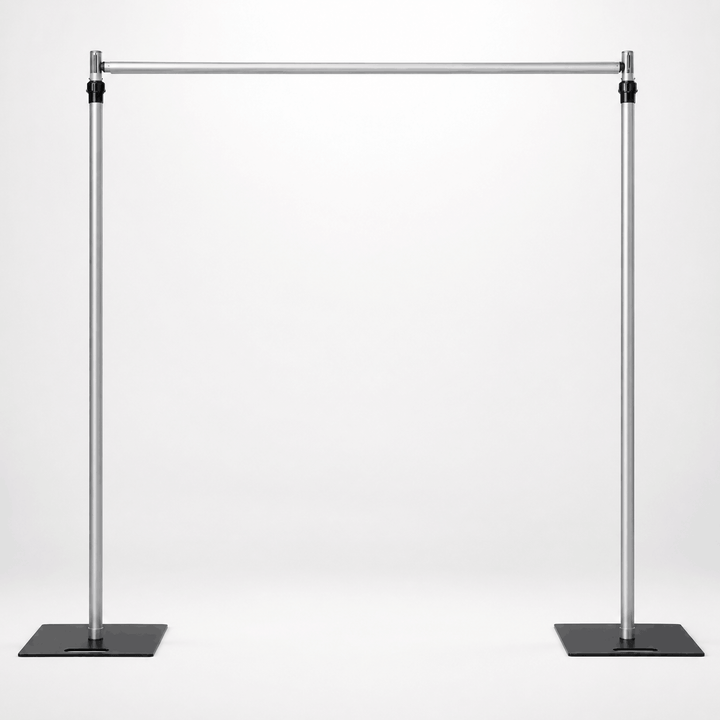 Adjustable pipe and drape backdrop stand kit with metal base plates, ideal for 8ft x 8ft event backdrops and wedding ceremony setups
