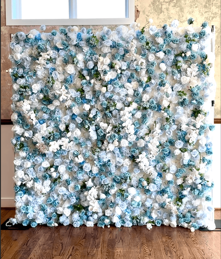 8x8ft blue and white 3D silk flower wall backdrop featuring hydrangeas, roses, and orchids for weddings and events