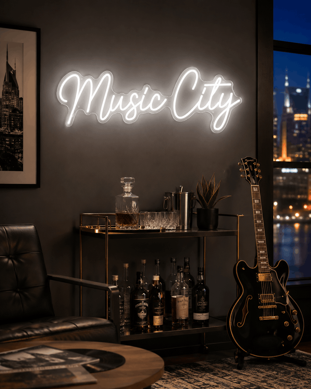 White Music City LED neon sign above a Nashville-inspired home bar and guitar