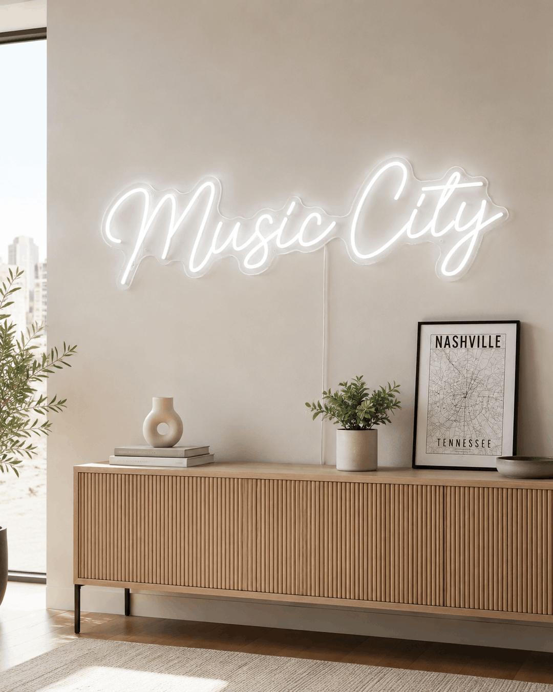 White Music City LED neon sign in a bright modern Nashville-inspired home