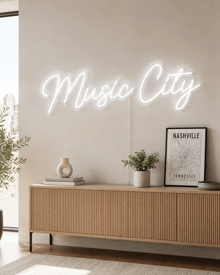 White Music City LED neon sign in a bright modern Nashville-inspired home