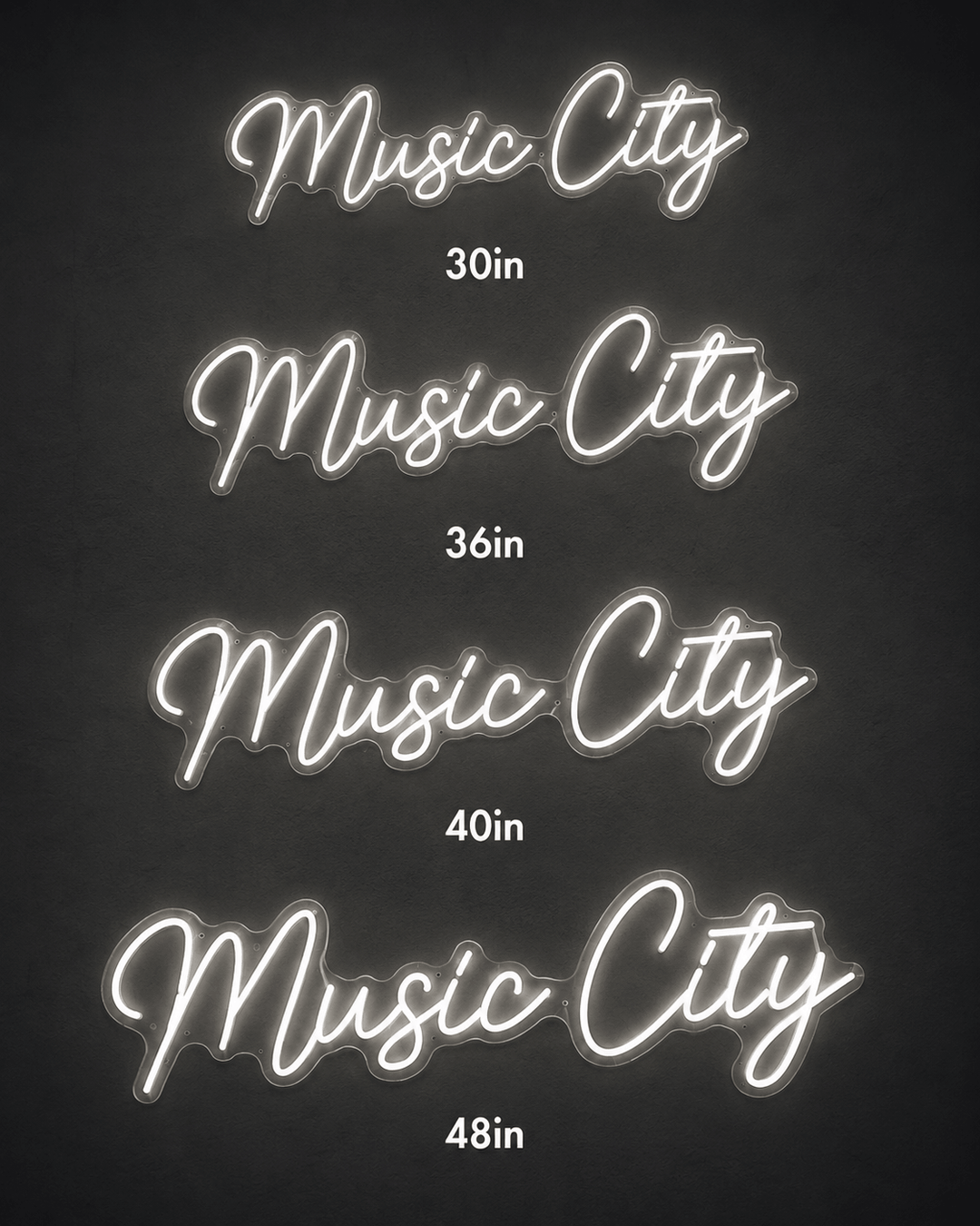 Music City LED neon sign size comparison showing 30, 36, 40, and 48 inch options