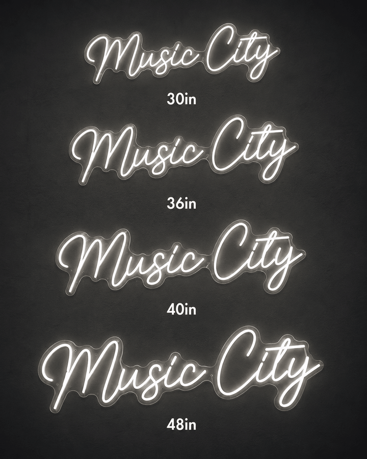 Music City LED neon sign size comparison showing 30, 36, 40, and 48 inch options