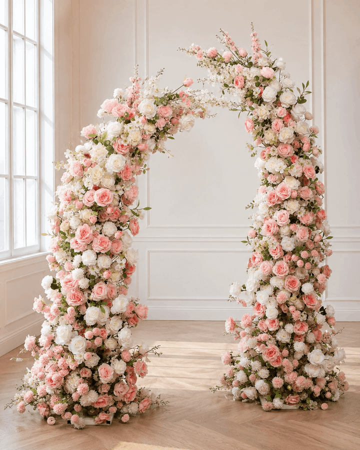 Pink and white silk faux floral arch with roses and greenery for weddings, ceremonies, and event backdrops
