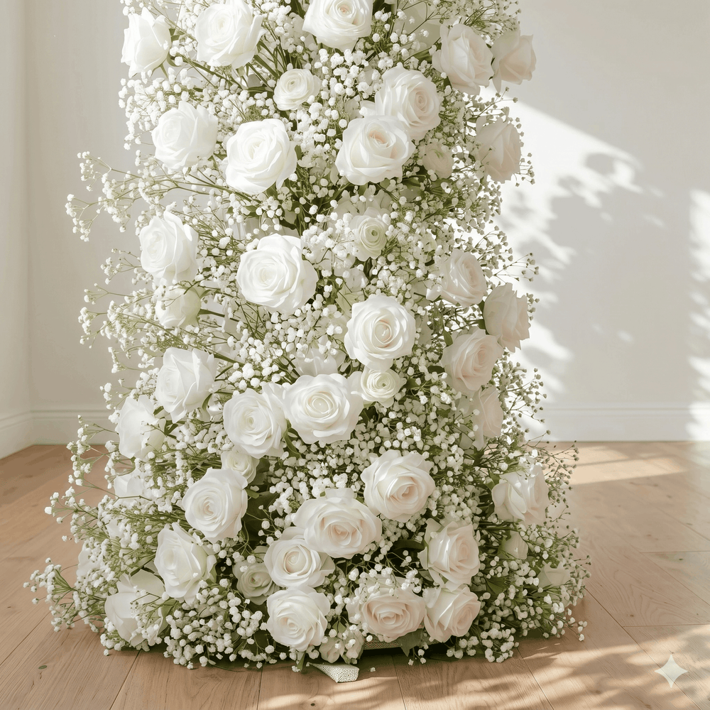 A close-up of a floral arch of white roses and baby's breath on a light wood floor against a white wall.