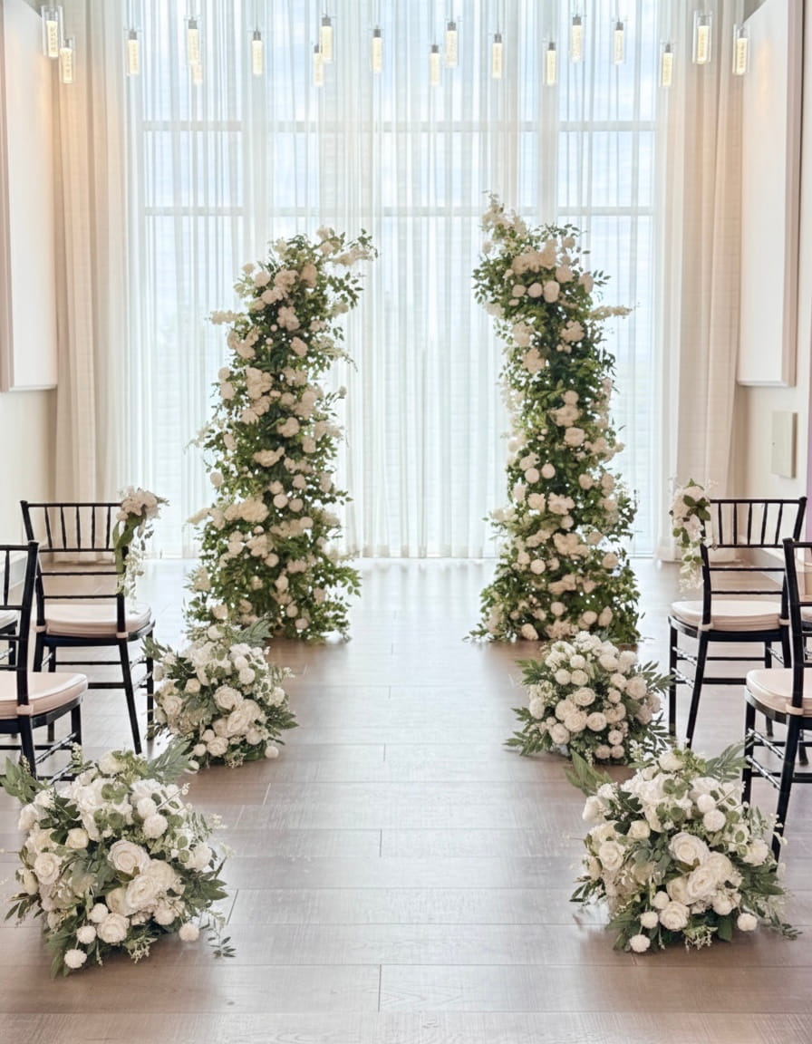 A wedding aisle setup with two tall floral arches and matching flower bouquets in white and green, flanked by black wooden chairs against a bright window backdrop.